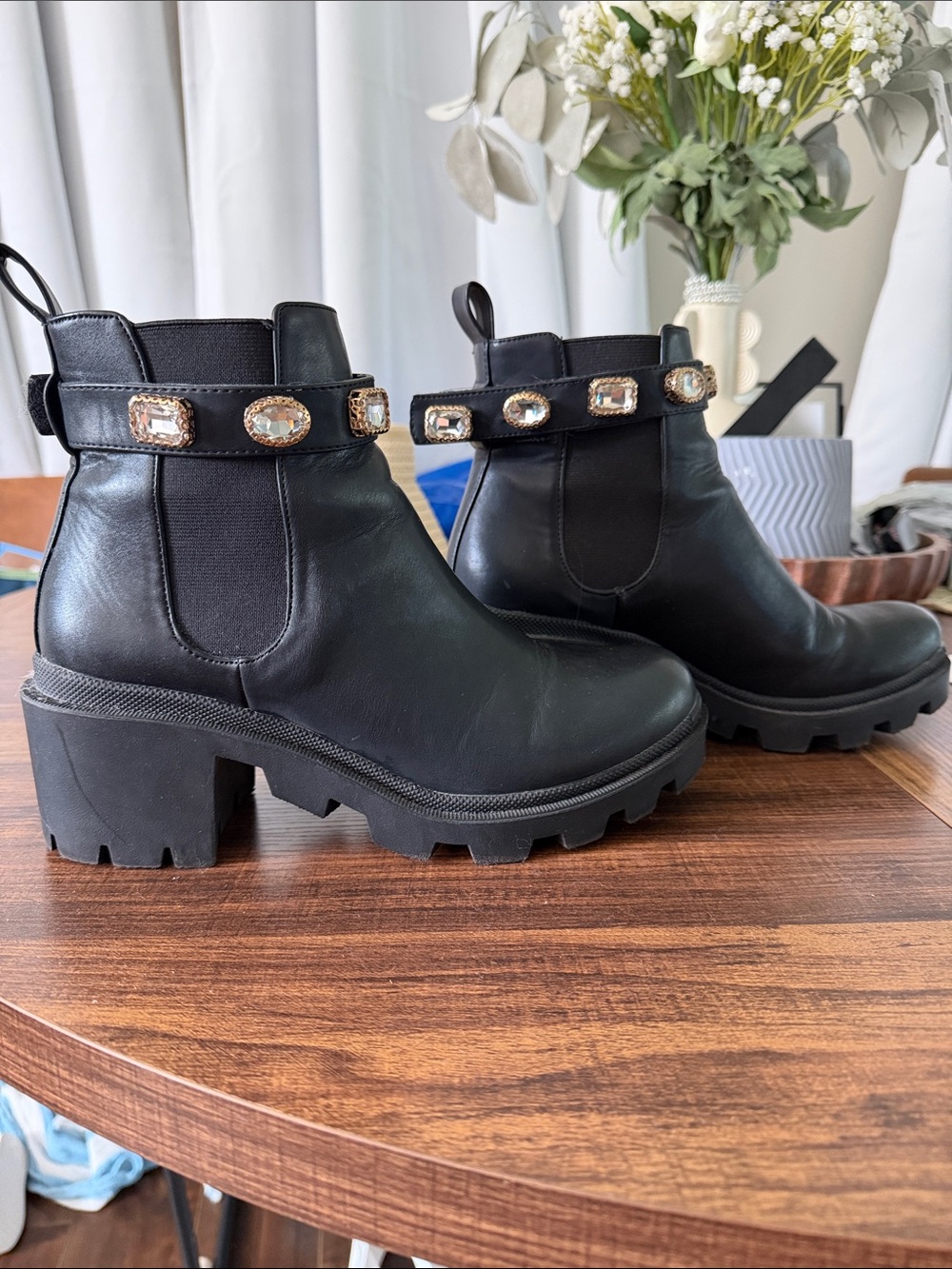 Steve Madden Chunky Black Leather Ankle Boots with Jewel Strap